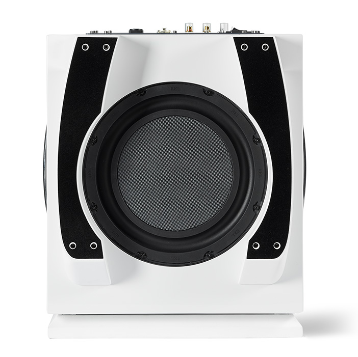 REL Acoustics S/812 Subwoofer with fown firing passive radiator.