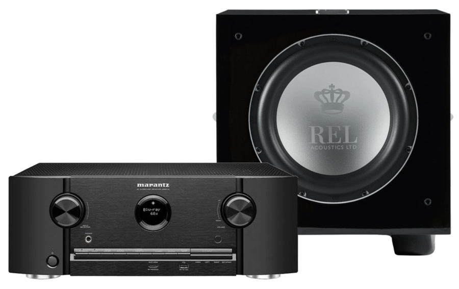 REL Subwoofer next to an AVR