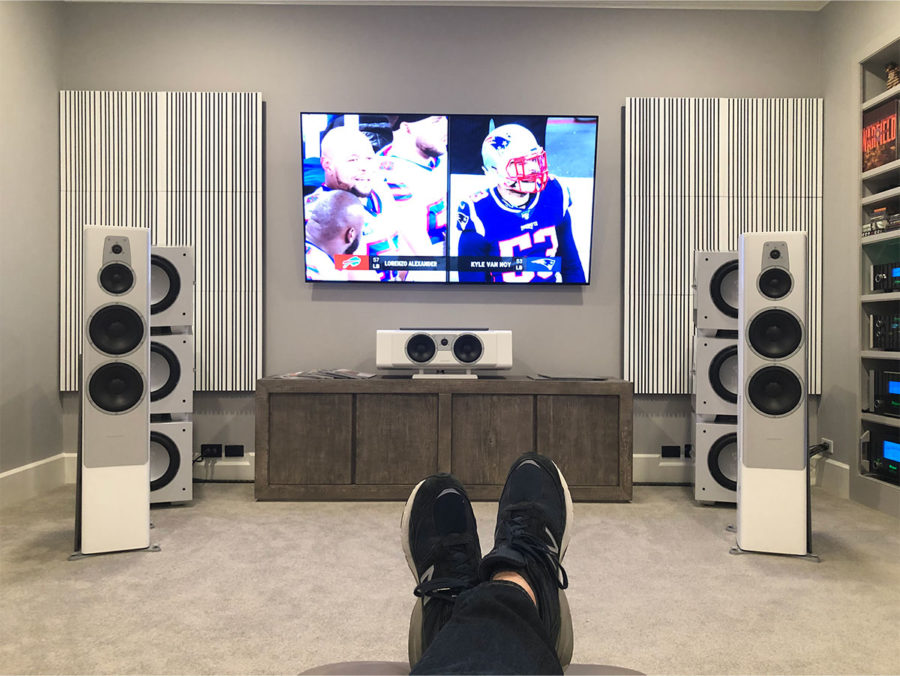 A complete REL 3-D home setup with football on the TV.